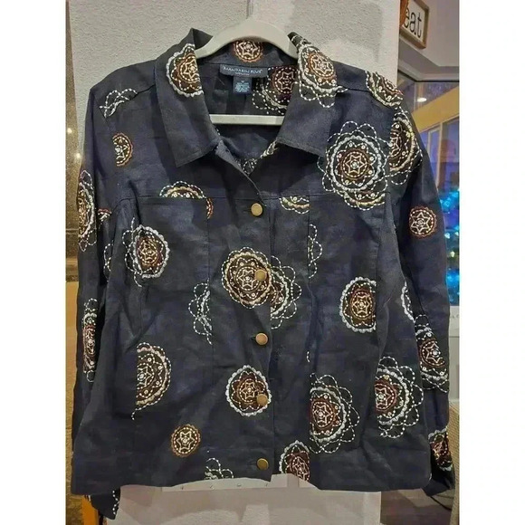 Mandarin Blue Women's Embroidered Black Linen Jacket 1X Button-Up Boho Artsy - Picture 1 of 11